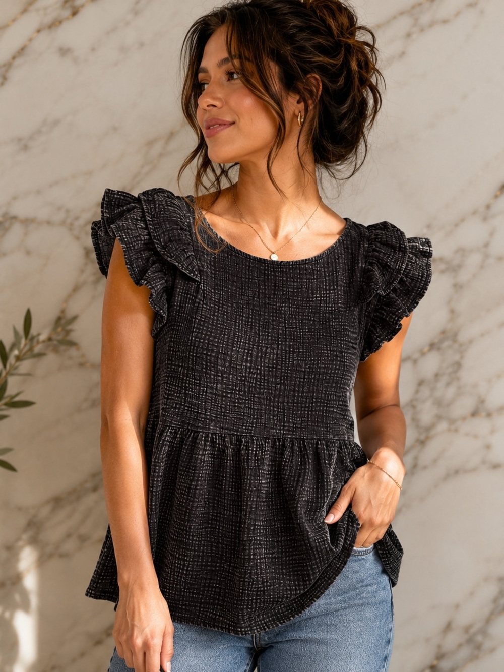 Zenana Cotton Double Gauze Ruffle Sleeve Babydoll Top Boho Cottagecore - Picture 1 of 8